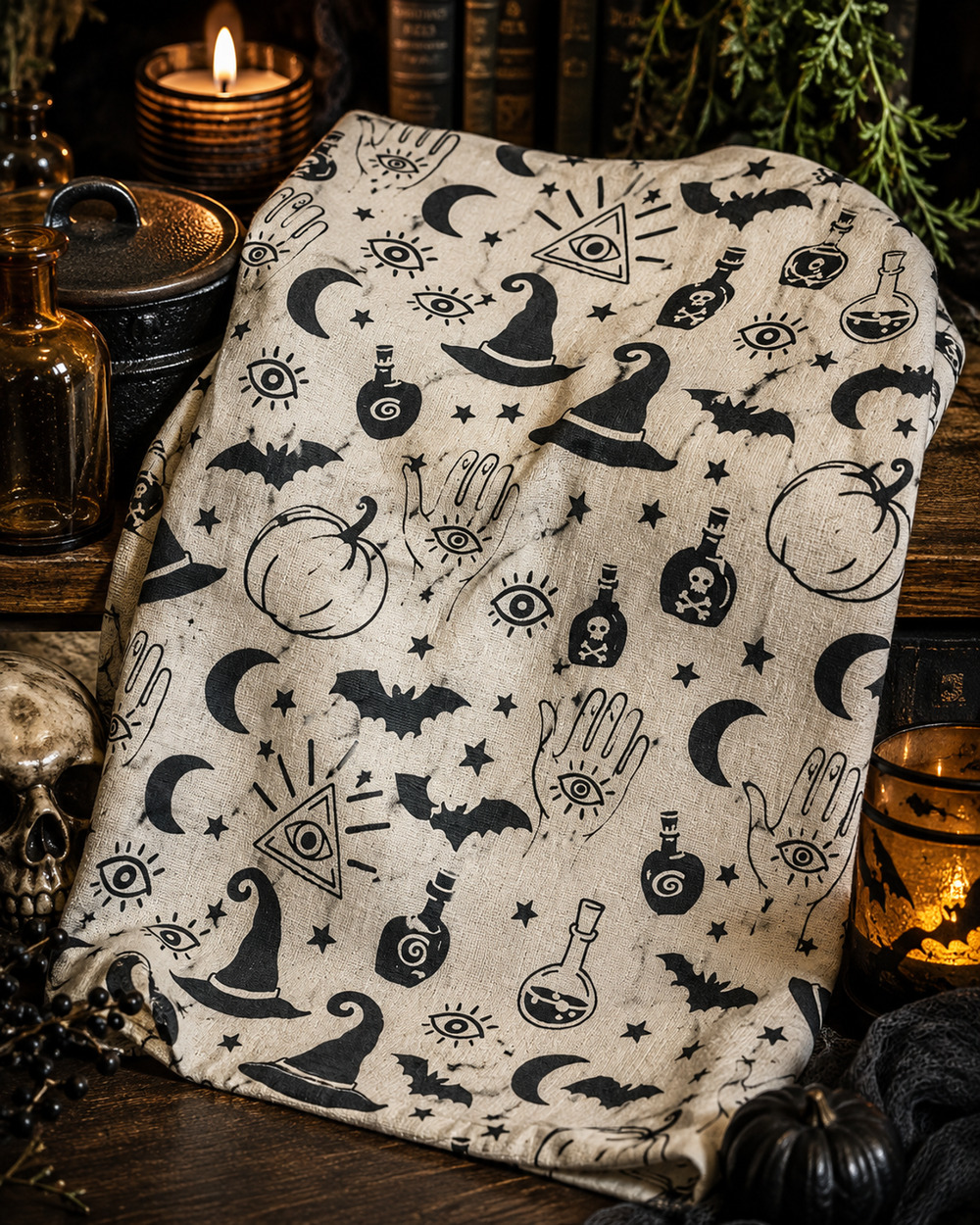 Vintage Y2K Casaba Halloween Kitchen Towel Witchy Occult Bats Potion 26" x 18"